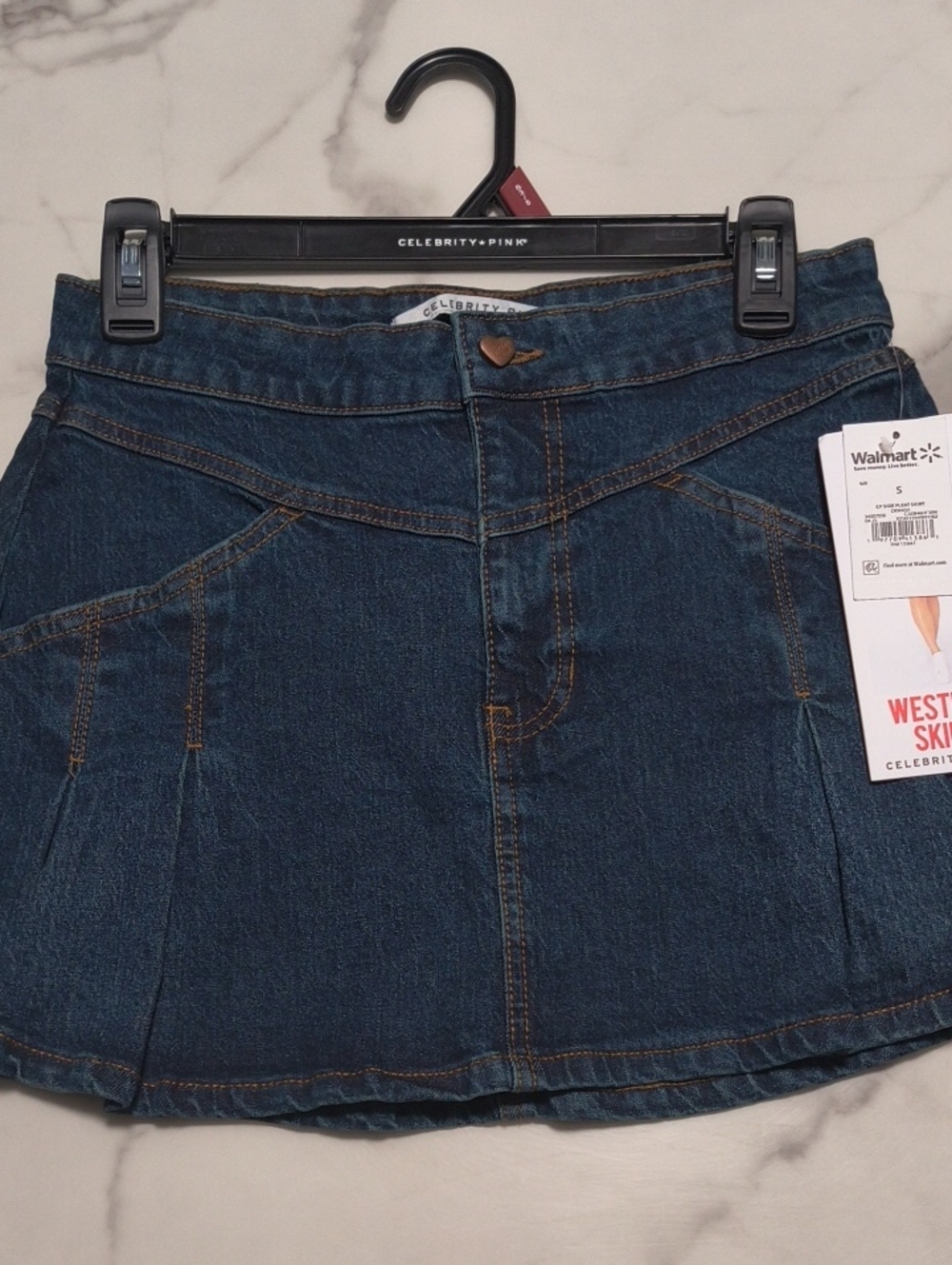 Celebrity Pink Dark Indigo Denim Mini Skirt with Heart Button
